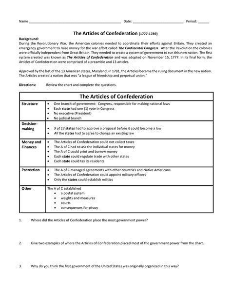 the articles of confederation 1777 worksheet answers